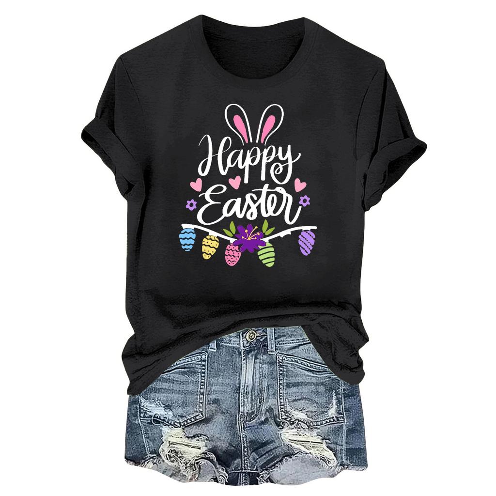 Женская модная пасхальная принтованная повседневная плиссированная круглая футболка с коротким рукавом