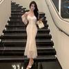 2025 New Women's Clothing Temperament Gentle Square Neck Lace Slim Fishtail Dress