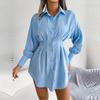 Women's Autumn Winter Lapel Neck Solid Color Lantern Sleeve High Waist Asymmetric Dress Shirt Dress
