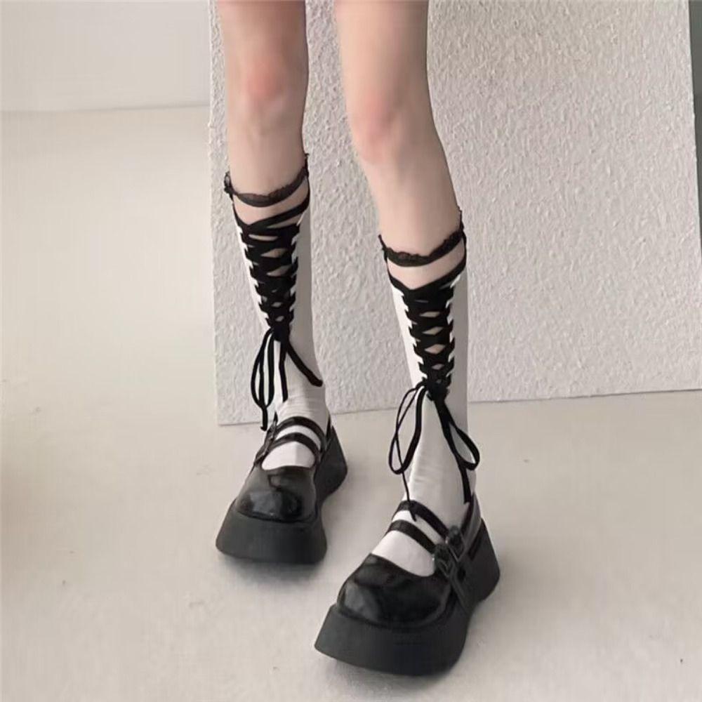 Нейлоновые гольфы до колена с кружевом в стиле Лолита, кружевные носки до икры JK, носки средней длины высокого качества