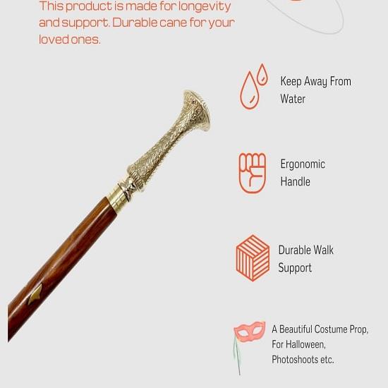 Engraved Brass Handle Walking Stick with Comfortable  Wooden 3-Piece Walking Cane for Hiking, Costumes, and Durability