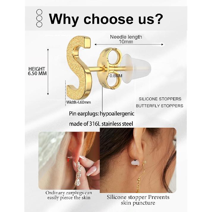 2 Pairs Initial Stud Earrings for Women – 316L Hypoallergenic Surgical Steel, 14K Gold Plated Letter Earrings Set, Includes Anti-Piercing Silicone