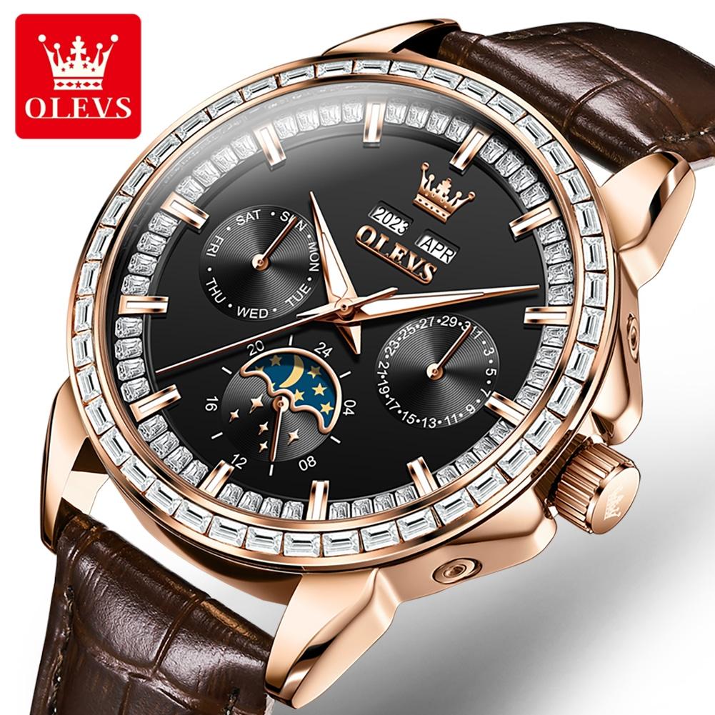 OLEVS Luxury Automatic Men Watch Rose Gold Crystal Bezel Moon Phase Brown Leather Strap Multifunction Male Wristwatch Gift