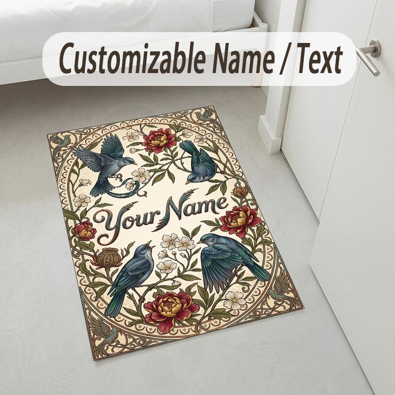 Birds Floral Theme Soft Crystal Velvet Rug Custom Name & Text Print Non Slip Floor Rug for Bedroom Living Room