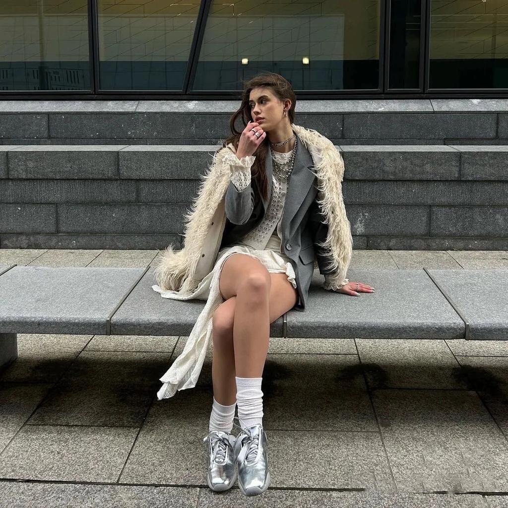 Модные женские серебристые балетки Весна Осень Элегантная пряжка Квадратный носок Лоферы слипоны для вечеринки Весна Осень Zapatos Planos Mujer