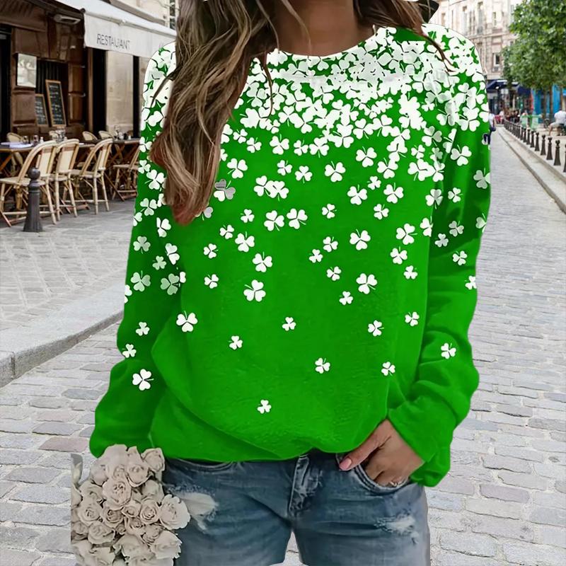 Топы для женщин, футболка с 3D принтом Lucky Clover, круглым вырезом и длинными рукавами, осенний повседневный тонкий пуловер, женский топ с длинными рукавами