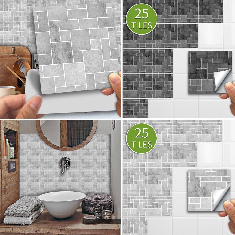 25 шт., кухонная черно-серая мозаика с эффектом камня, традиционная наклейка на плитку из ПВХ, самоклеящийся настенный декор