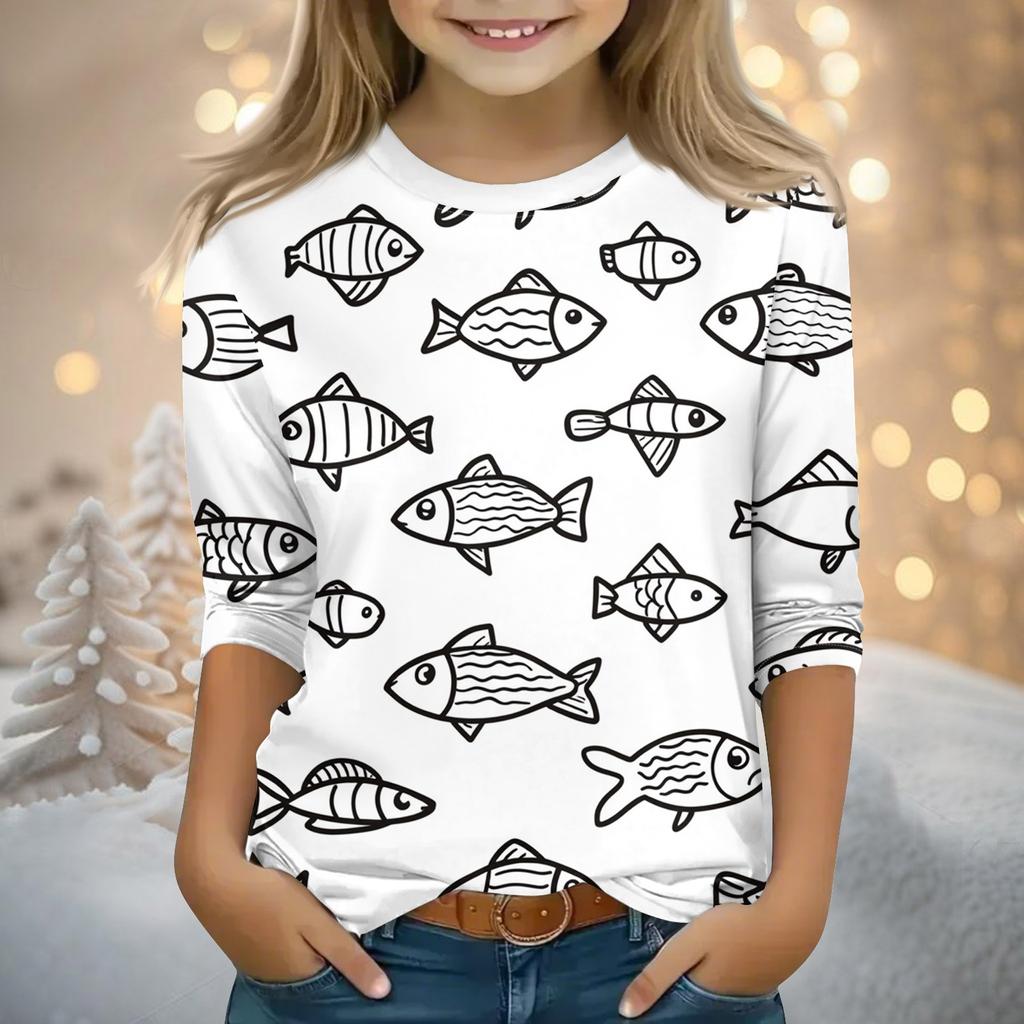 Детские топы с рукавами 3/4, футболка с принтом, круглый вырез, пуловер, блузка, детские раскрашенные вручную цветные топы