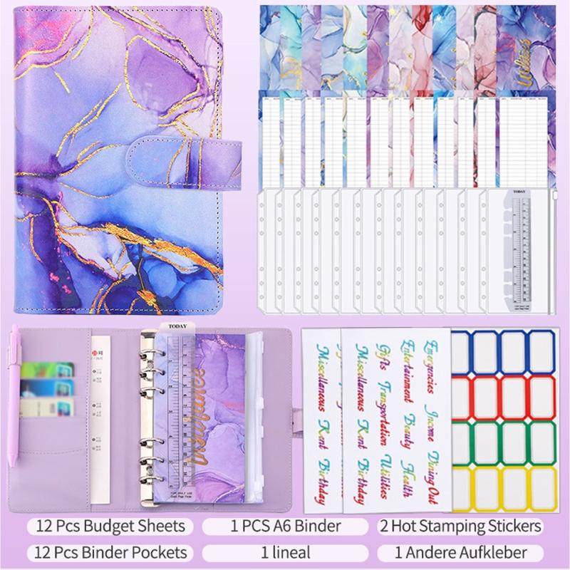 Marble A6 Budget Binder for w/ Budget Sheets Cash Envelopes Bag Colored Label Stickers for Budgeting Cash Budget Organiz