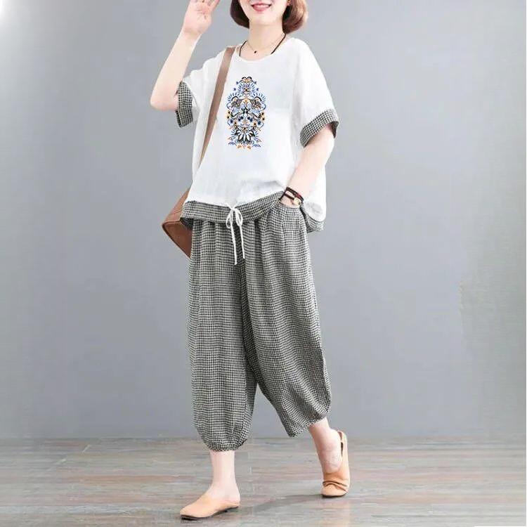 Женский костюм-двойка в стиле ретро, этнический, повседневный, летний, свободный, модный, клетчатый, сшитый костюм