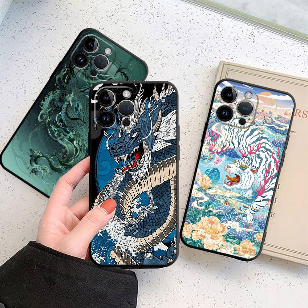 Black Soft Phone Case For Iphone 12 Mini 13 Pro 8 Plus 7 6s Se 11 14 Pro Max Xr Xs X Cover Fashion Chinese Tiger Dragon Shell