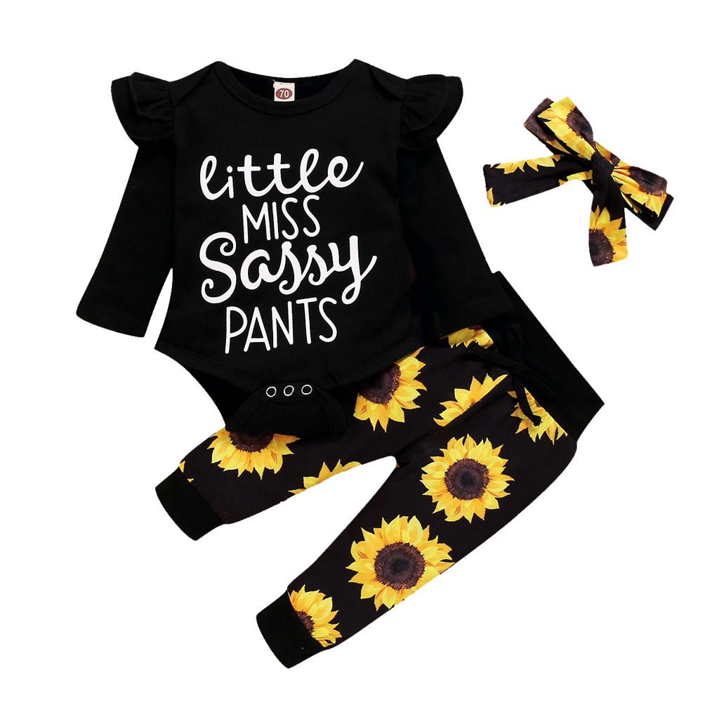Infant Baby Girls Letter Romper Bodysuit+Sunflower Print Pants+Headband Outfits