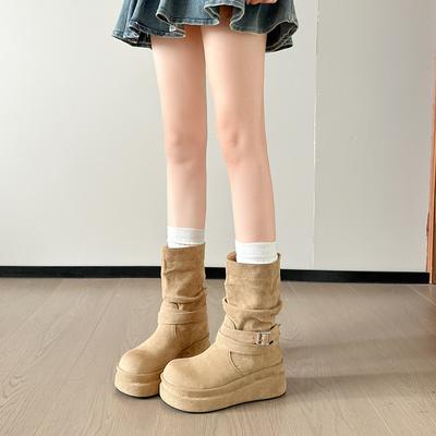 Ботинки на меху, маленькие полусапожки на толстой подошве, женские, 2025, новые эластичные тонкие ботинки, ретро, с пряжкой-ремнем, ковбойские ботинки