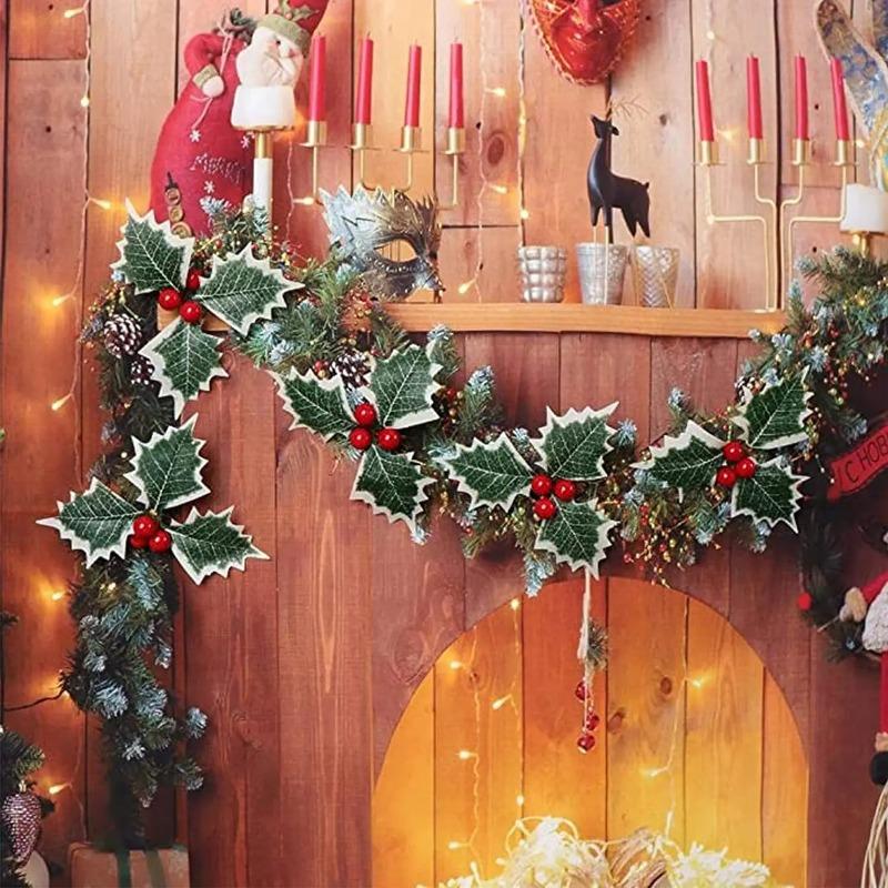 200/50 шт. Искусственные листья падуба, Поддельные растения, Зеленый лист, Красные ягоды для украшения рождественской елки, венка, Декор для новогодней вечеринки