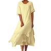 Women Midi Dress Round Neck Short Sleeve Multi-Layered Slit Hem Solid Color Dress Loose Fit Dress