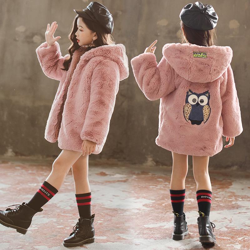 Girls' Plush Hooded Jackets Children's Plus Velvet Thick Winter Cartoon Jackets Big Children's Autumn and Winter Fashion Coats