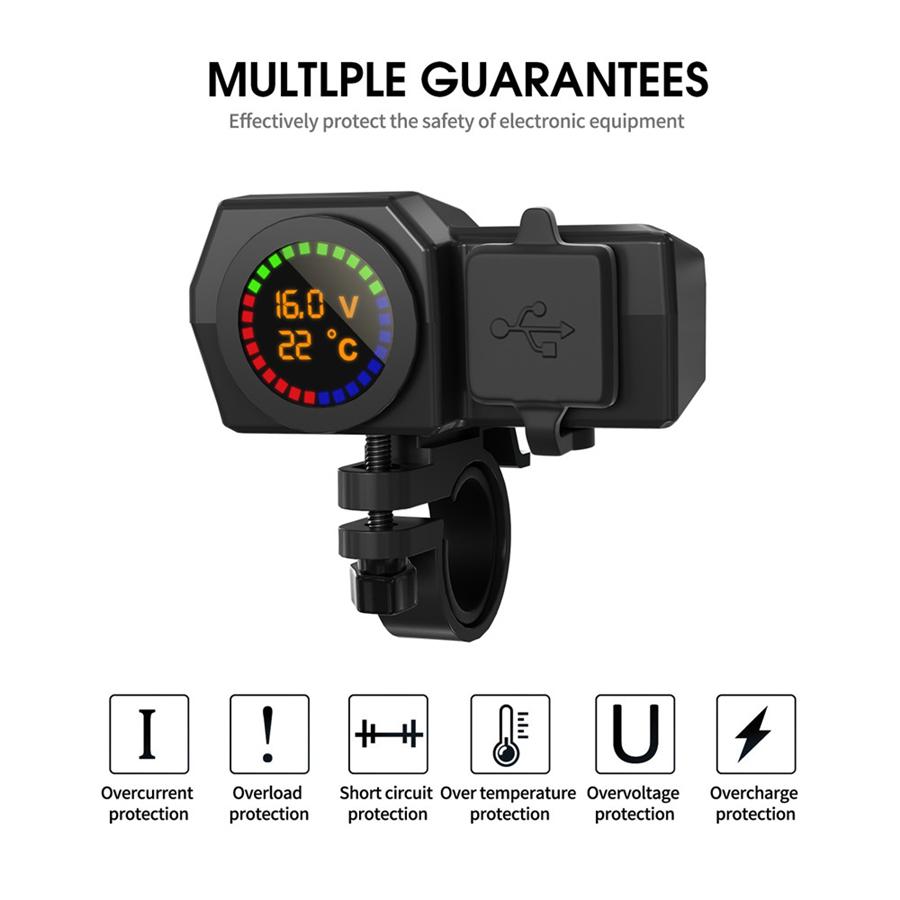Водонепроницаемый мотоциклетный двойной USB адаптер для зарядки телефона с вольтметром и дисплеем температуры