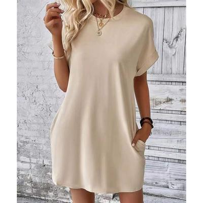 Весна/лето Повседневное европейское и американское однотонное платье с круглым вырезом, рукавами «летучая мышь» и невидимыми карманами