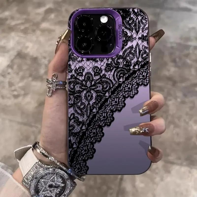 Черный кружевной полосатый чехол-бампер с принтом для iPhone 17 15 14 13 12 11 16 Pro Max 7 8 Plus X XR XSMAX Mini Трендовый чехол для девушки Y2