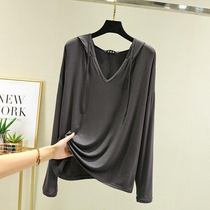Снаружи модальная футболка с длинными рукавами в корейском стиле, весенне-летняя свободная рубашка большого размера с капюшоном