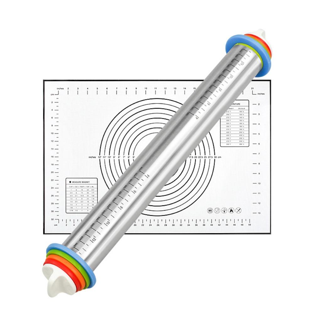 Съемные кольца, Нержавеющая сталь, Скалка, Регулируемая толщина, Силиконовый коврик для замешивания, Антипригарная, Гладкая поверхность