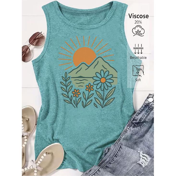 Elegant Vest for Women Landscape and floral sun print casual loose summer vest Fashionable and elegant tops for commuting, vacation, and everyday