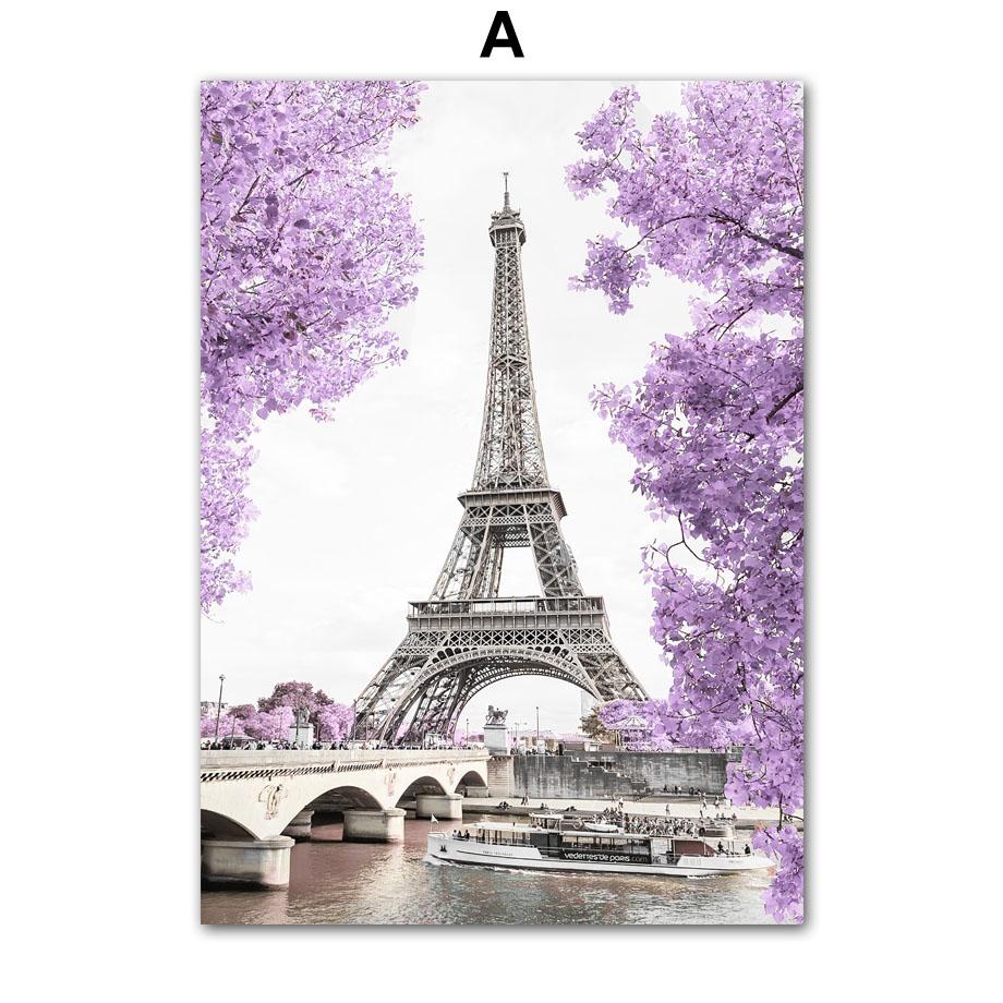 Настенная картина на холсте, мечтательный фиолетовый Париж, городское полотенце, винтажный автомобиль, цветок, украшение для гостиной, постеры, принты, настенные панно
