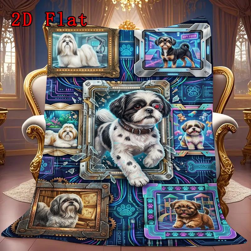 Cybernetic Canine Collage 2D Flat Pattern Flannel Blanket, High quality All Seasons, Home Decor, Warmth and Comfort, Perfect for Christmas Gifts.