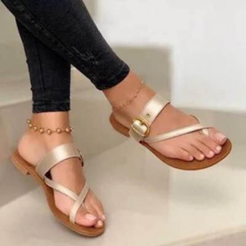 Обувь для женщин 2024 года, горячая распродажа, летние женские тапочки, однотонные, с пряжкой, украшением, открытым носком, на низком каблуке, римские тапочки-стринги для женщин