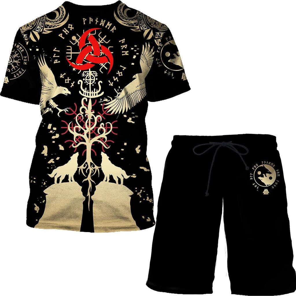 Модная винтажная футболка с принтом для мужчин, повседневные топы с круглым вырезом, трендовые шорты, комплект из 2 предметов, летние спортивные костюмы на открытом воздухе, шорты, комплекты футболок