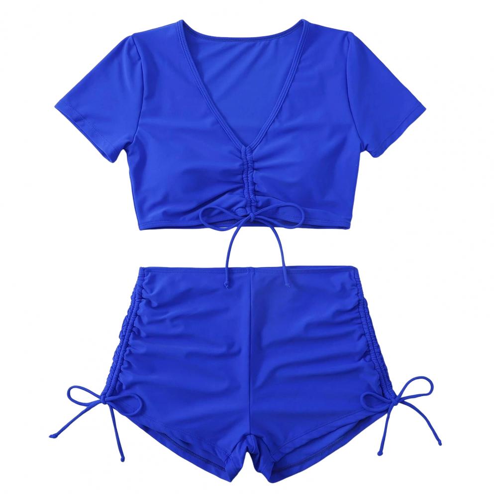 Solid Color Swimsuit Stylish Women's Summer Bikini Set with V-neck Top High Waist Drawstring Swimsuit 2 Piece Set for Beach
