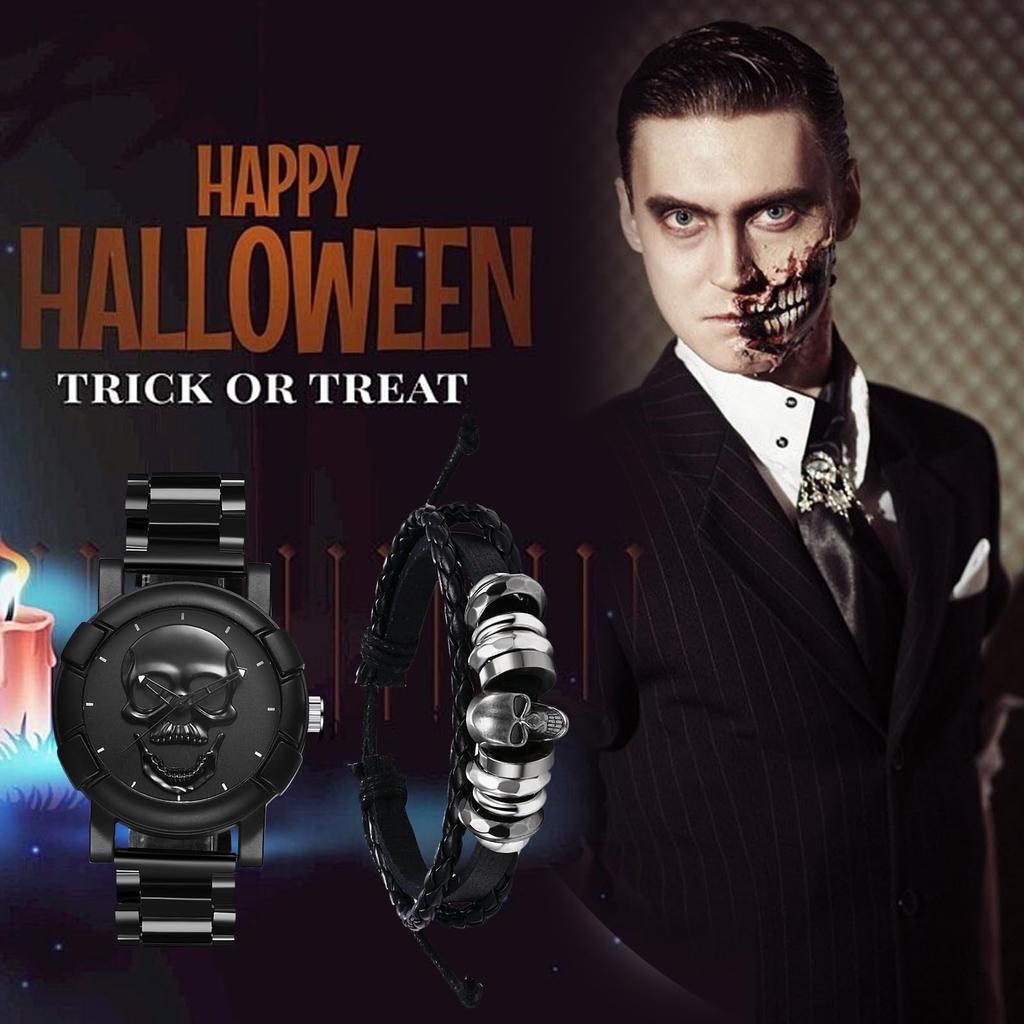 Skeleton Watch Bracelet Set of Rock Punk Leather Strap Stainless Steel Watch Waterproof Analog Quartz Skull Gothic Accessory Birthday Christmas Day