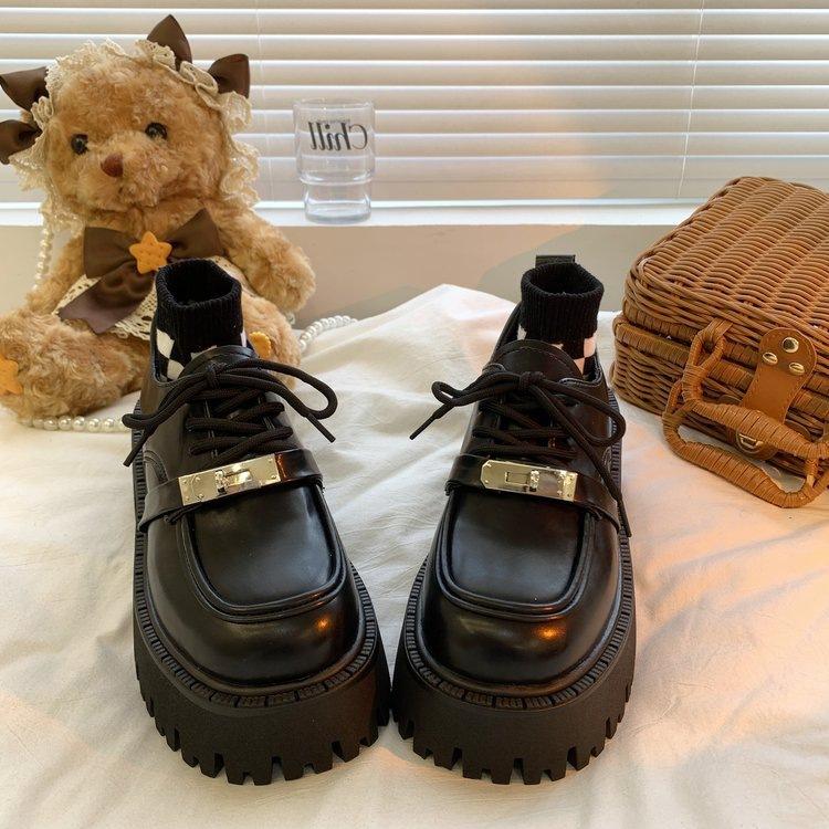 2025 Autumn Platform Small Leather Shoes Women's British Style New Thick Heel Heightening Black Loafers Lace-up Cotton Shoes