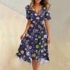 Women's Summer Fashion V-Neck Flared Dress Short Sleeve Floral Dresses