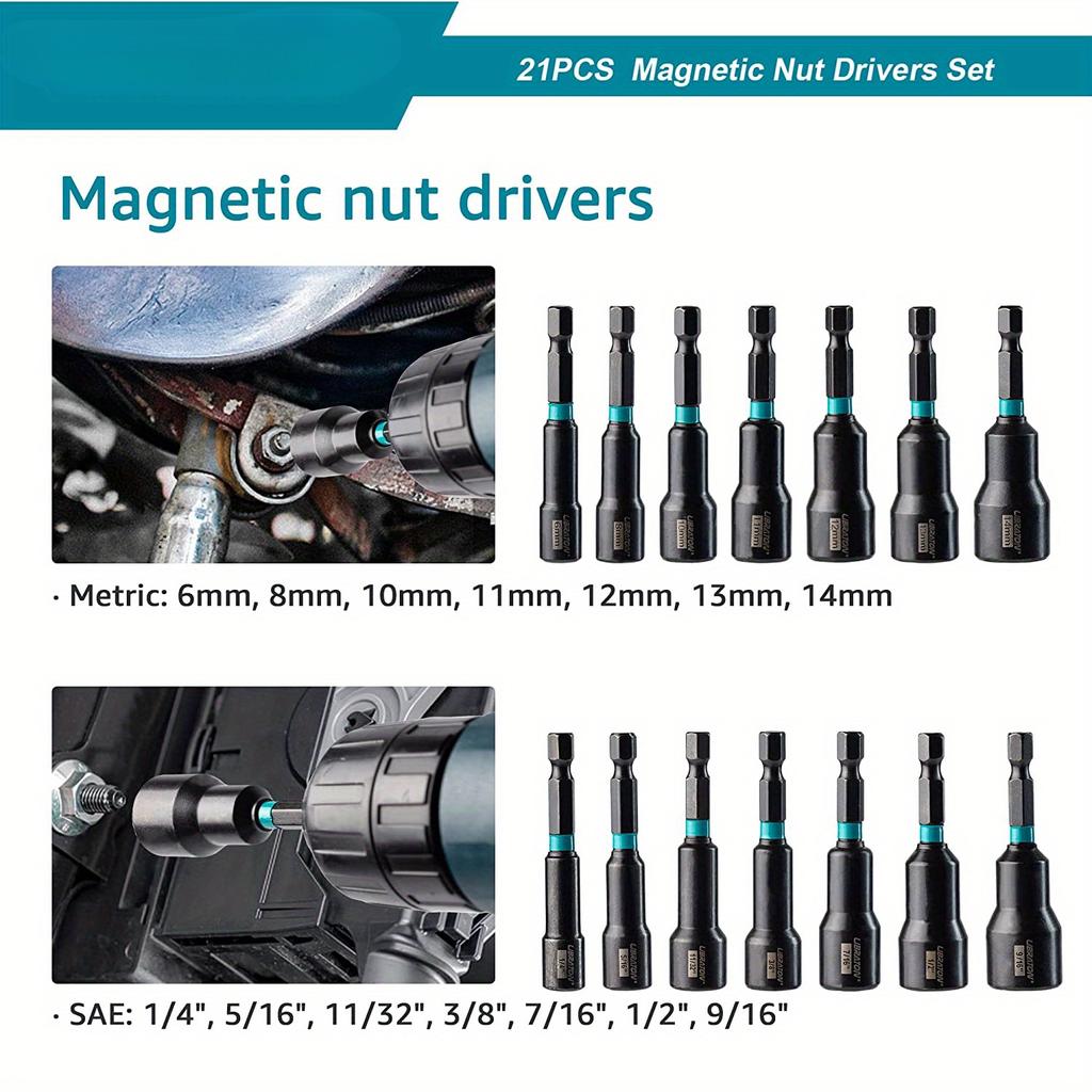 Набор из 21 магнитного торцевого ключа — универсальный набор ударных дрелей-шуруповертов с метрическими и SAE торцевыми гайковертами, адаптерами ударных головок и держателем бит