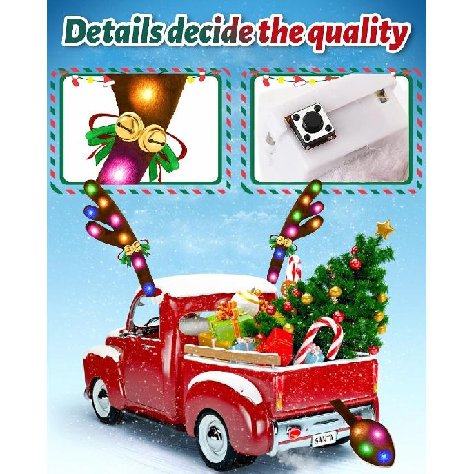 Christmas Reindeer Antlers Car Decoration Kit, LED Lights Nose Vehicle With Jingle Bells Rudolph, Auto Holiday Accessories For SUV Van Truck Decor