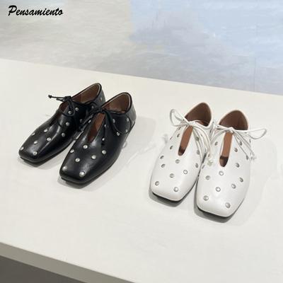 Модные женские балетки из мягкой кожи с заклепками в стиле Инс, модный квадратный носок, ажурная шнуровка, лоферы для ходьбы, повседневная ленивая обувь для танцев