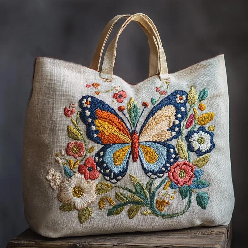 Набор для вышивания крестом и гладью на льняной сумке-тоут DIY с напечатанным цветочным узором и бабочками, пяльцы, нитки
