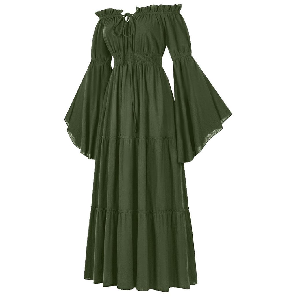 Women's Off-Shoulder Dress Bell Solid Color Long Sleeve Elastic Tiered Flowy Long Dresses Costume