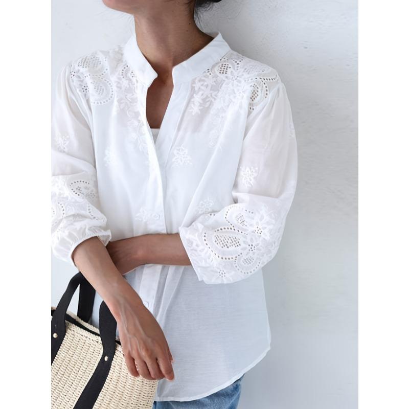 Elegant Short Sleeved Jacquard Lace Loose Shirt Fashion Sweet Women Casual Hollow Out Office White Blouse Spring Autumn New V-neck Women Top Clothing