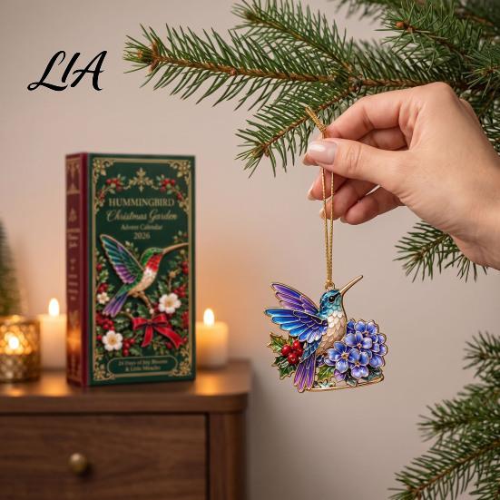 Festive Hummingbird Decor Christmas Garden Advent Calendar, 24-Day Countdown Calendar with 2D Acrylic Bird Hanging Ornaments, Holiday Gift for