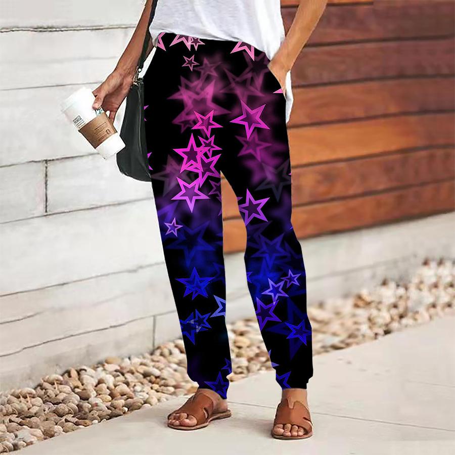 Women Pentagram Printing Pants Lace Up Elastic Waist Loose  Trousers Casual Long Pants Trousers with Pockets