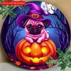 2d Flat 20*20cm The Circular Wooden Sign Features Graphic Design Witch Hat, and Pumpkin Pattern. Halloween Themed, for Home, Garage, Restaurant, Cafe.