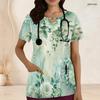 Women Plus Size Floral Printed Off White Nurse Scrub Top Keyhole Neck Short Sleeve Front Pockets
