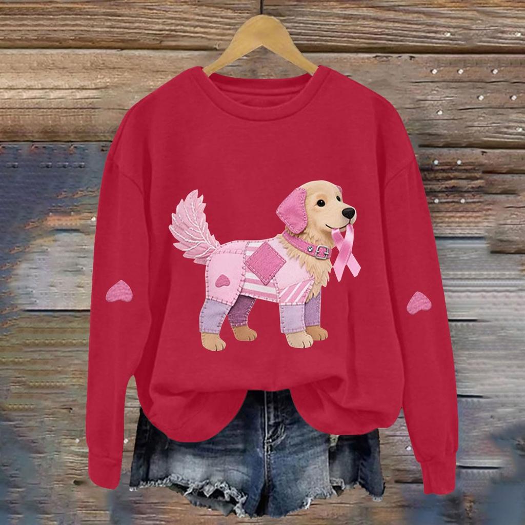 Breast  Sweatshirts For WomenRibbon Breast  Shirt Cute Dog Graphic  Long Sleeve Tops