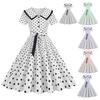 Women Party Dress Vinatge Big Hem Contrast Color Dot Print High Waist with Belt Back Zipper
