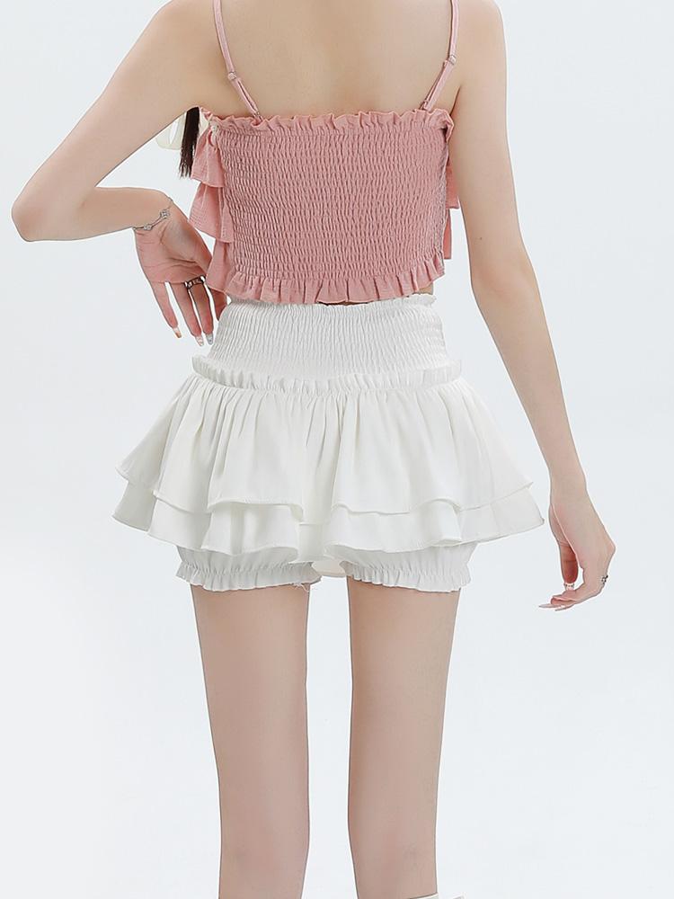 Kawaii мини-юбка, шорты, женские милые сексуальные балетки, белая эластичная высокая талия, лоскутная юбка с рюшами в стиле Лолиты, корейская юбка