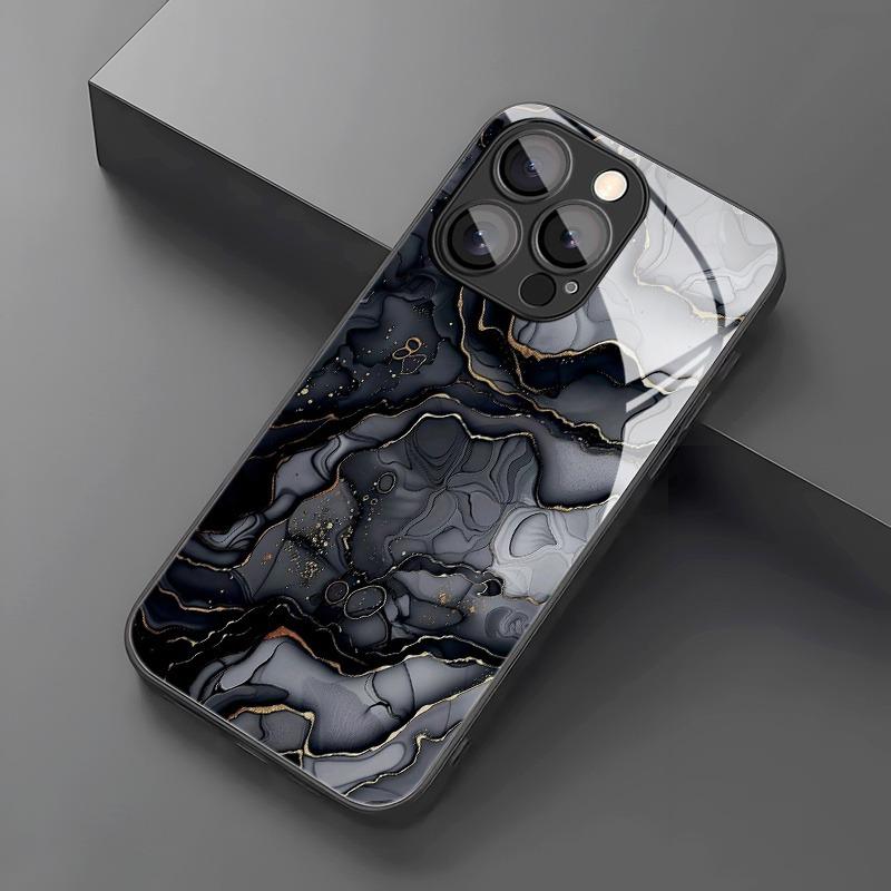 Чехол для iPhone 17 Pro Max 16 15 14 13 12 11 7 8 Plus 17Air 16E XR XS X Черный Мраморный Градиентный Рисунок Закаленное Стекло Чехол для Телефона