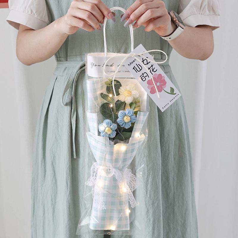 LED Knitted Flower Bouquets Finished Woven Bouquet Crochet Flower Decorations Artificial Flowers Wedding Decor Birthday Gifts