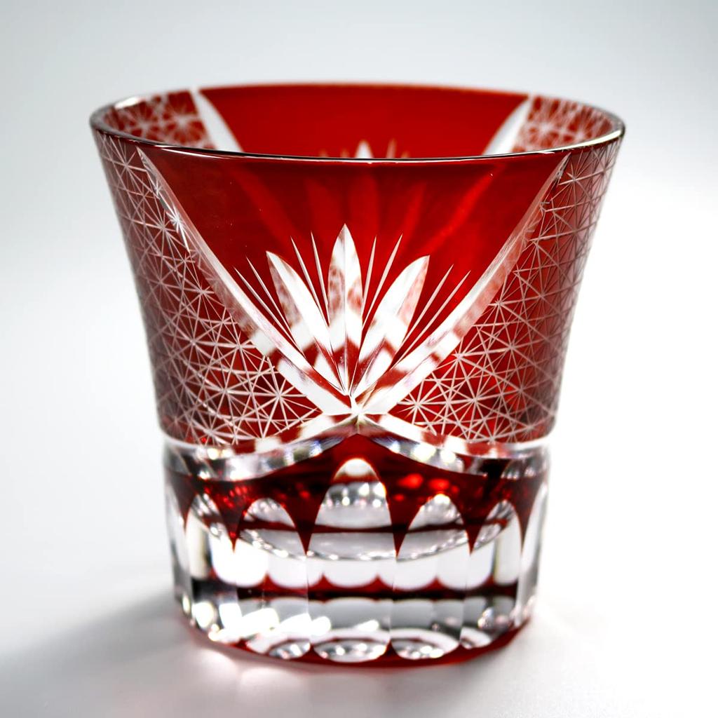 GREEM MARKET Crafts with Wooden Box Glasswork Kiriko Glass Cup Shochu Glass Chrysanthemum Tsunagi Pattern Kiriko Glass Product GMS00763 Number (Red)